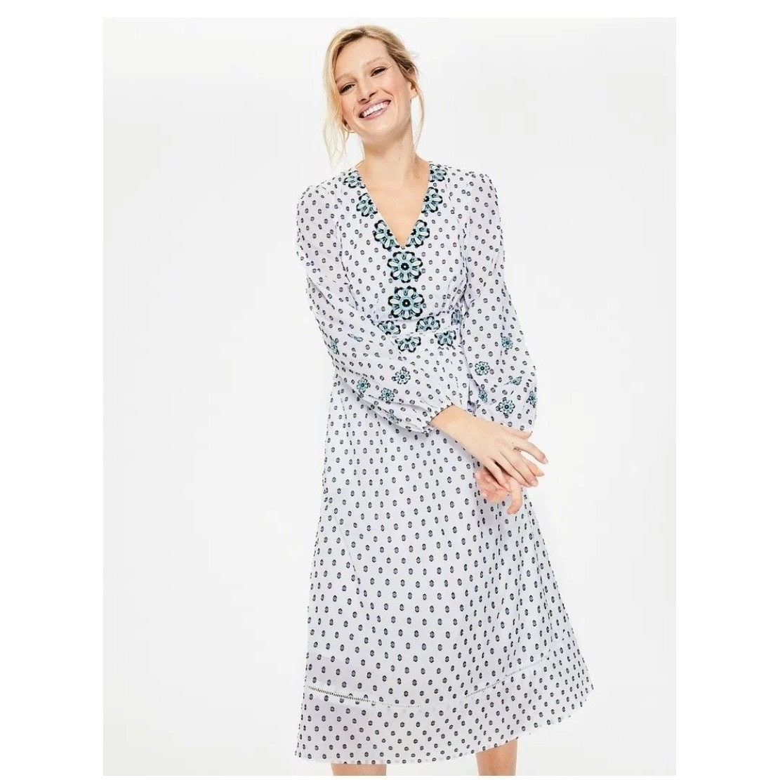 Boden Flossie Swiss Dot Embroidered Floral Midi Dress White And Blue Size 16r
